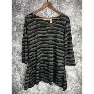 Davina Gray Long Sleeve Scoop Neck wavy striped Blouse Tunic Top Women's Medium
